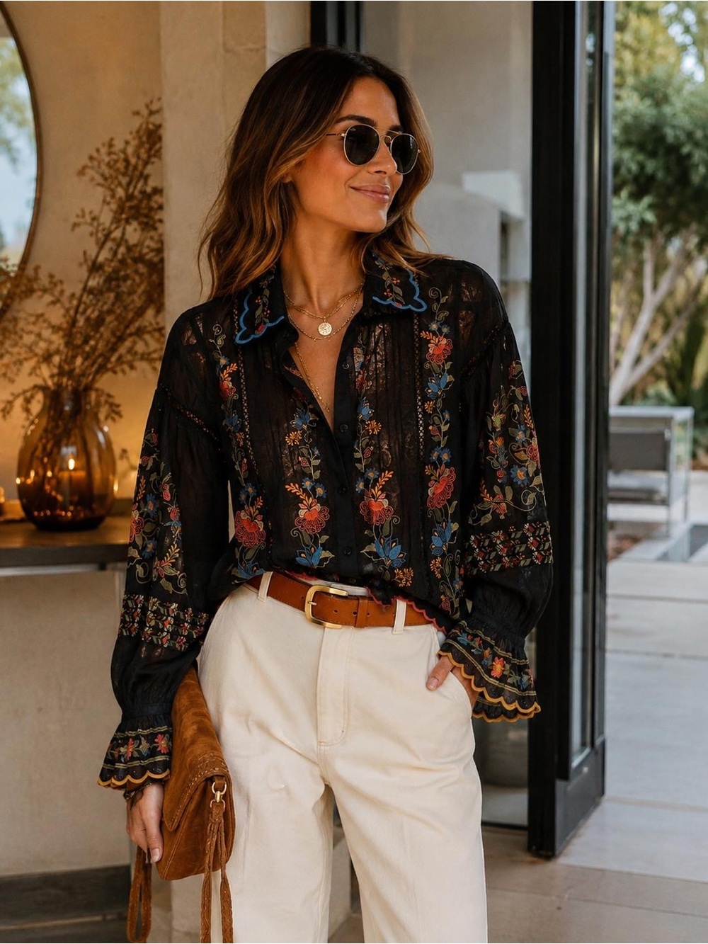 Farm Rio 🍁Embroidered Black Floral Button-Down Blouse - Women's